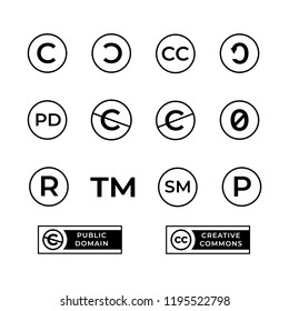 Different copyright icons set with creative commons and public domain signs.