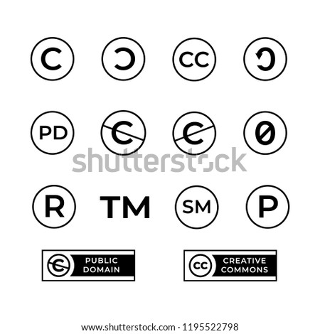 Different copyright icons set with creative commons and public domain signs.