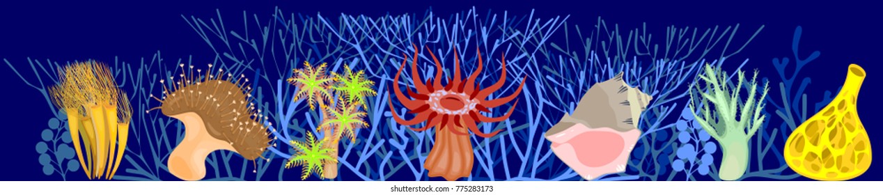 Different corals on blue marine background with stylized branched corals
