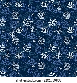 Different corals with starfish on a blue background