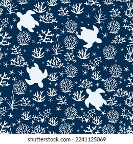 Different corals with starfish and turtles on a blue background