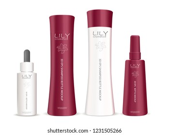 Different cosmetic bottles in one set. Shampoo, conditioner, dropper serum realistic mockup. 3d vector package design with label and logo.