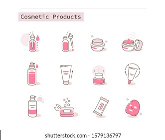 Different Cosmetic Icons Collection. Containers and Bottles with Beauty Products. Moisturizing Cream, Hygienic Products, Serum and other Skin Care Cosmetics. Flat Line Cartoon Vector Illustration.
