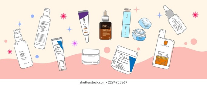 Colección De Iconos Cosméticos Diferentes. Contenedores y botellas con productos de belleza. Crema hidratante, productos higiénicos, suero y otros cosméticos de cuidado de la piel. Ilustración de vectores de caricaturas de línea plana.