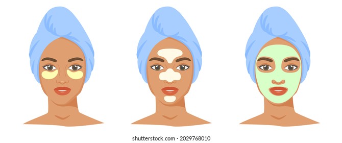 Different cosmetic products set. T-zone strips, clay or sheet mask, eye patches. Black woman with towel on head. Vector illustration
