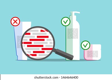 Different cosmetics and magnifier above info about chemical composition. Red blocks are symbolizing dangerous and harmful ingredients. Products with good and bad formula details