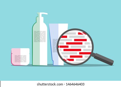 Different cosmetics and magnifier above info about chemical composition. Red blocks are symbolizing dangerous and harmful ingredients. Inspection of formula of beauty or hygiene product