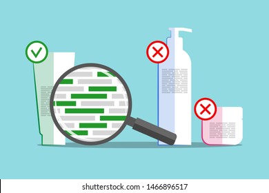 Different cosmetics and magnifier above info about chemical composition. Green blocks are symbolizing dangerous and harmful ingredients. Products with good and bad formula details