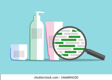 Different cosmetics and magnifier above info about chemical composition. Green blocks are symbolizing natural and eco-friendly ingredients. Inspection of formula of beauty or hygiene product