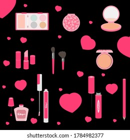 Different cosmetics on a black background. Banner for beauty salon.