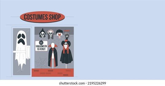 Different costumes for Halloween. Flat vector illustration. Clothing store. Man and woman clothes shop and boutique. Shopping, fashion, hat, accessories. vector illustration