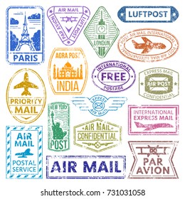 different countries air plane post stamp delivery mail postmark illustration.