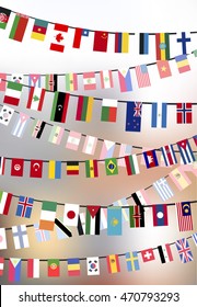 Different countries flags hangs on the ropes on blurred background