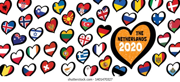 Different countries flags with heart flags logo. For Europe, eurovision music song festival, contest. Music songs for vision dreams. 2020. 2021 Rotterdam, Open up again. Netherlands, Holland or Dutch.