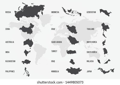 Different countries in separated objects with names. Vector isolated borders.