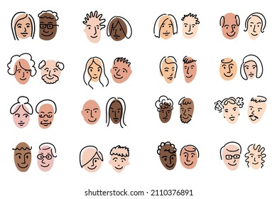 Different couple family portrait. Doodle avatar set. Woman, man, old adult face portrait, grandmother grandfather old, young man, hairstyle, african, asian, caucasian, american. Vector illustration.