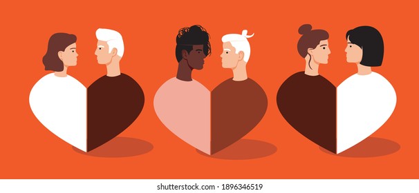 Different couple hugs, isolated homosexuals, lgbtq people. Flat vector stock illustration. LGBTQ couples hugging. Men and women embrace one another. Different ethnic group