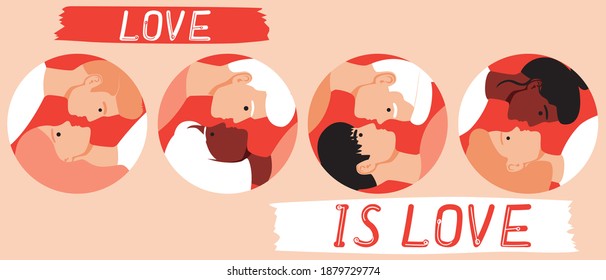 Different couple are isolated. Flat vector illustration. Homosexuals, gay, lesbian, old couple, different ethnic group, lgbtq people. Afro and European men and women. Text love is love