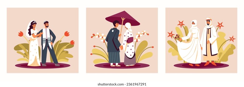 Different couples celebrating wedding in traditional clothes. Muslim, Indian and Chinese wedding concept. Beautiful traditional wedding couples in park. Vector illustration