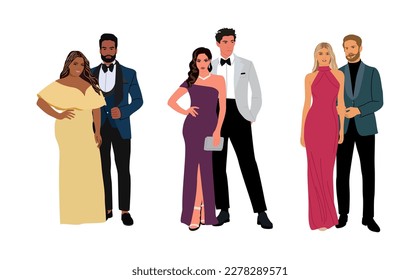 Different couples in evening formal outfit vector.