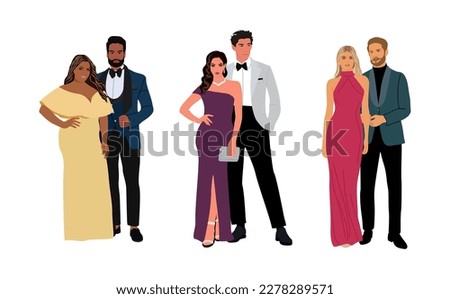 Different couples in evening formal outfit vector.