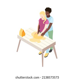 Different couples isometric composition with isolated view of loving couple kneading dough together vector illustration