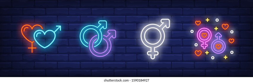 Different couples neon sign set. Heterosexual, gay relationships, transgender symbols. Vector illustration in neon style, bright banner for topics like love, diversity, equality