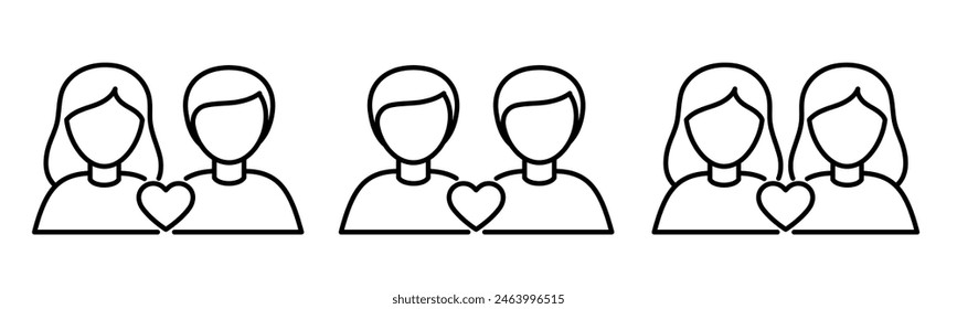 Different couples outline icons set. Love, relationship concept. Editable stroke. Isolated vector illustration 