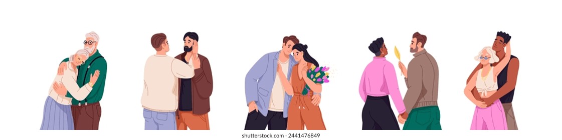 Diferentes parejas establecidas. Gente, niños, niñas se dan la mano en una cita romántica. El viejo y la mujer aman. Los jóvenes gays se abrazan. Relación homosexual. Ilustración aislada plana del vector sobre fondo blanco