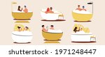 Different couples take a bath together. Flat vector stock illustration. Foam bath at home. A set of variable couples. LGBTQ or different ethnic group. Bath at home. Vector graphics