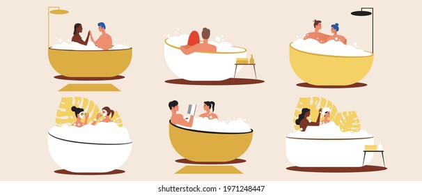 Different couples take a bath together. Flat vector stock illustration. Foam bath at home. A set of variable couples. LGBTQ or different ethnic group. Bath at home. Vector graphics