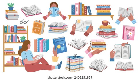 Different covers books. Cute girl reading a book, love of knowledge and learning, stacks, pages, spreads and spines textbooks, vector set.eps
