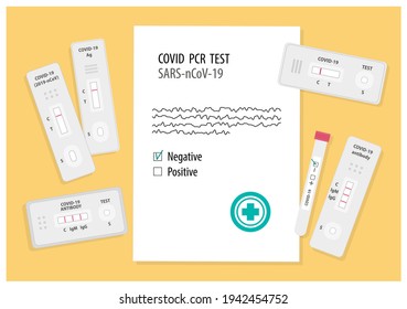 Different covid express test kits. Covid pcr test list document certificate, express medical virus tests, antibody antivirus check cassettes, sample test tube negative result. Flat vector illustration