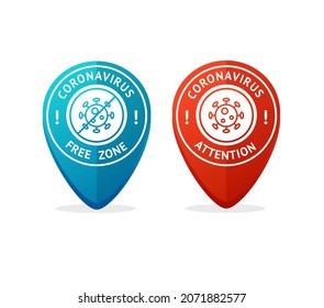 Different Covid Free Zone and Coronavirus Attention Signs Pin Pointer Set Isolated on a White Background Warning Element. Vector illustration