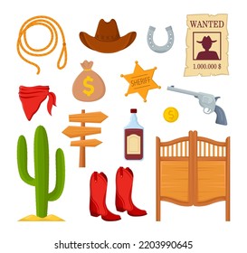 Different Cowboy Or Texas Elements Vector Illustrations Set. Collection Of Cartoon Drawings Of Sheriff Badge, Hat, Horse Shoe, Rope Isolated On White Background. USA, Wild West Or Western Concept