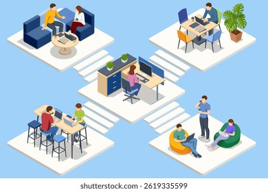 Different coworking spaces connected together showing collaboration and remote work. Isometric vector illustration.
