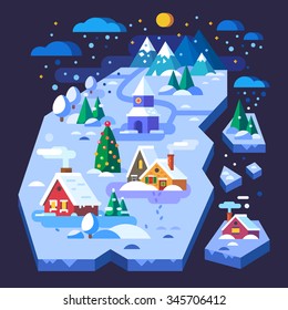 Different cozy  snow covered winter houses: snow, winter, cold, December, Xmas, New year, Christmas, fir, pine, blizzard.  Colorful flat stock vector illustrations. 