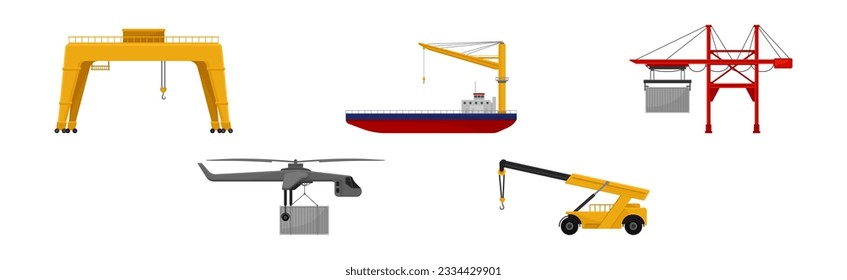 Diferente grúa como máquina de construcción con pista de atracción para levantar el conjunto de vectores de objetos pesados