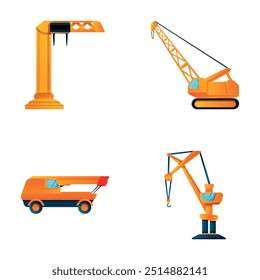 Different crane icons set cartoon vector. Cargo and construction crane. Industrial equipment