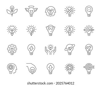 Different creative light bulb logotype icons. Outline style. Editable stroke.