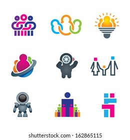 Different creative people interacting logo and creating fun and innovative ideas for future social community word of science icon set