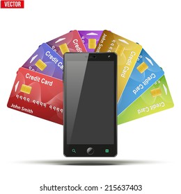 Different Credit Cards And Cell Phone. Electronic wallet and purse. Payment system and mobile technology. Vector Illustration isolated on white background.