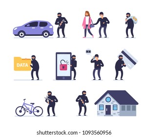 Different crimes concept. Flat style vector illustration isolated on white background.