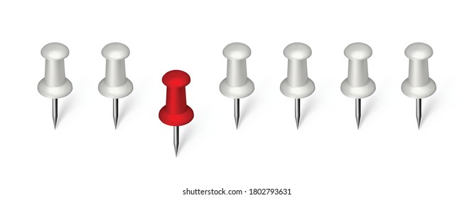 Different in crowd, being different or different thinking concept. Unique, stand out from the crowd, one in group vector illustration with white and red pushpins or office attach buttons
