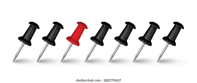 Different in crowd, being different or different thinking concept. Unique, stand out from the crowd, one in group vector illustration with black and red pushpins or office attach buttons