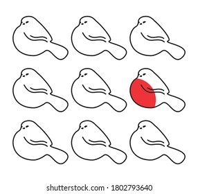 Different in crowd, being different or different thinking concept. Unique, stand out from the crowd, one in group vector illustration with white and red birds