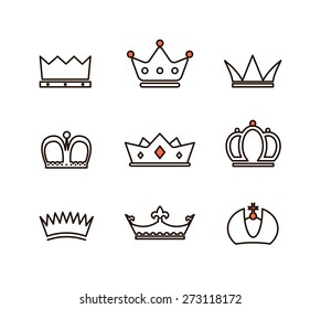 Different crowns collection. Simple line design illustration
