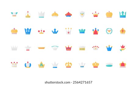 Different crowns for royal person, luxury victory award color icon set. Power kingdom, heraldic symbol of king and queen, prince and princess, emperor and empress flat elements vector illustration