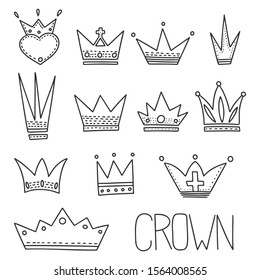 Different crowns vector concept in doodle style. Hand drawn illustration for printing on T-shirts, postcards. Icon and logo idea.