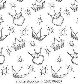 Different crowns, vector concept in doodle and sketch style. Hand drawn illustration for printing on T-shirts, postcards. Seamless pattern for textile, paper wrap. Texture background.